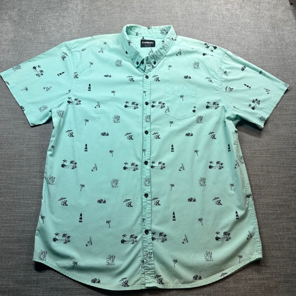 Carbon Button Down Shirt Men XXL Mint Green Tropical Beach Palm Tree